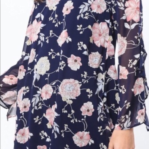 Love Riche Navy Blue Floral Ruffle Sleeves Chiffon Lined Dress NWT - Picture 4 of 10